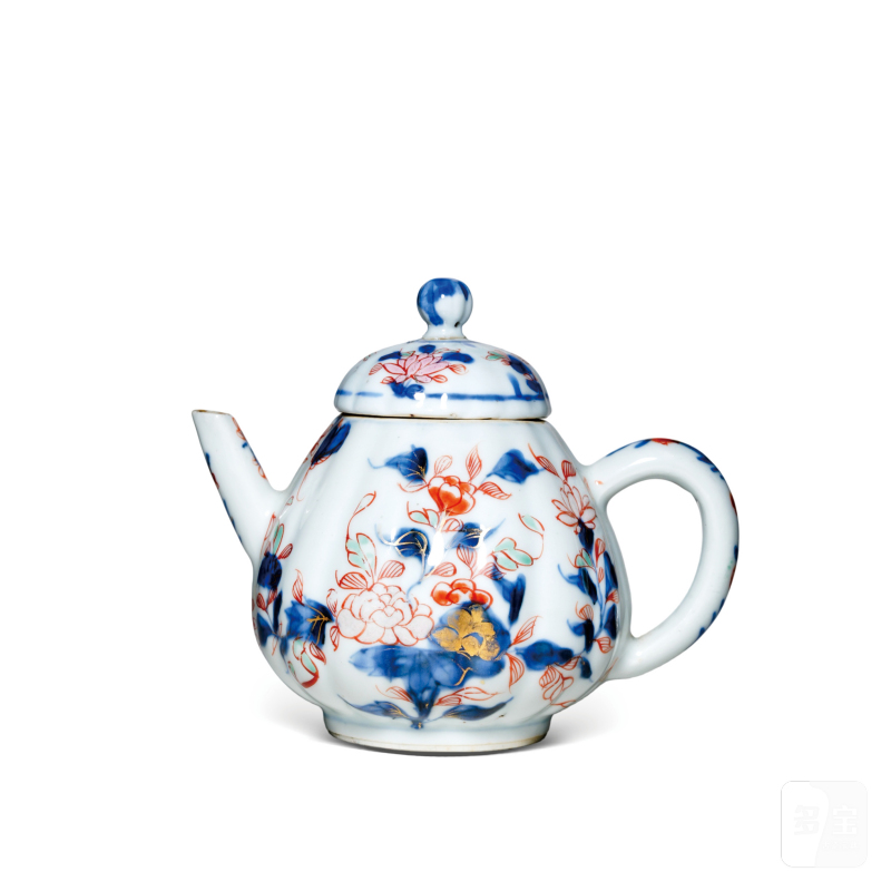 清康熙青花加彩花卉纹瓜棱形壶 - 图1